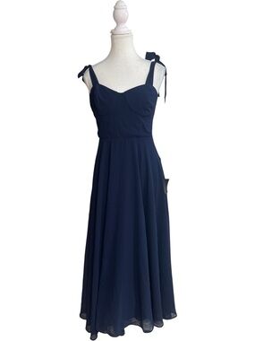 Lulus Sophisticated Charisma Tie-Shoulder Midi Dress Navy Blue